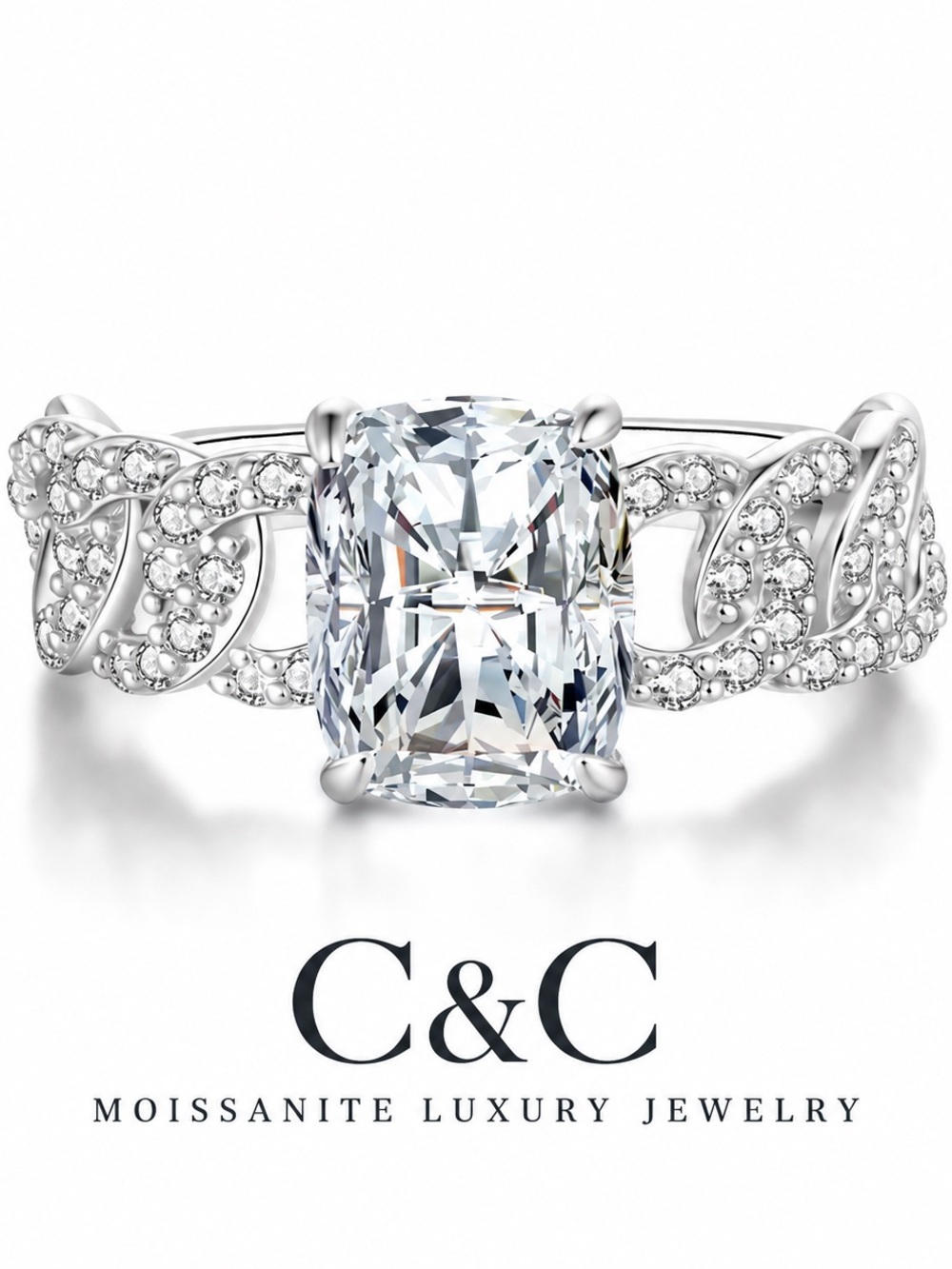 C.C Silver Moissanite Leaf Band Ring with Cushion Center